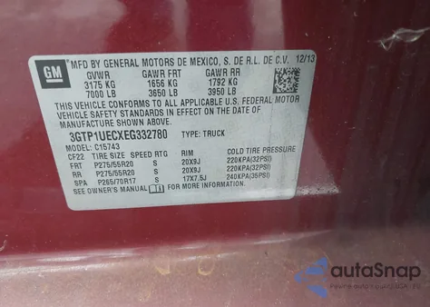 2014 GMC Sierra 1500 Sle из США, поврежденный, VIN 3GTP1UECXEG332780